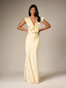 AiiRZ Lace Trim Satin Mini Dress With Halter Neck And Asymmetric Draping Detail For Spring Summer Wedding Guest Party Occasions - Yellow - View 4