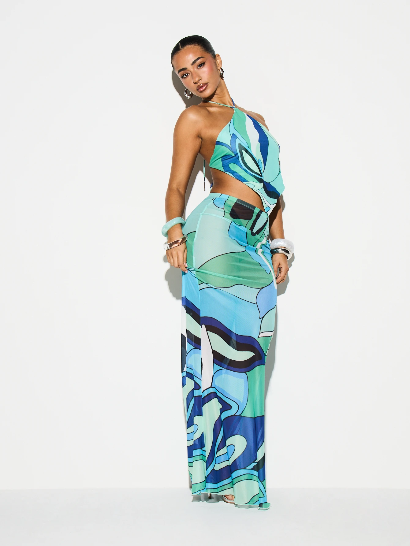 KIZN Gonna lunga in rete con stampa astratta e orlo arricciato