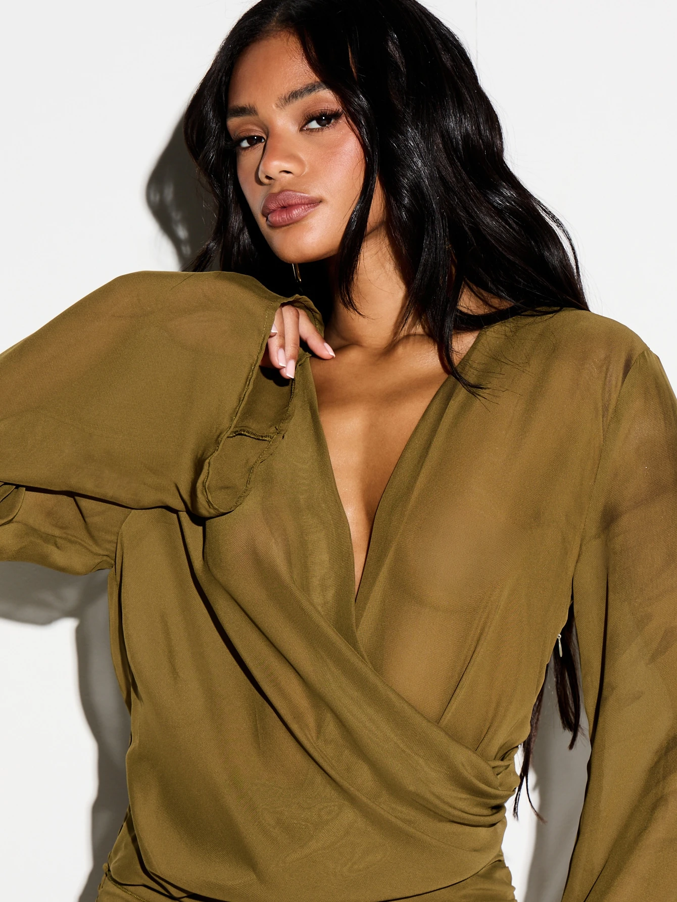 KIZN Olive Wrap Front Ruched Maxi Dress With Slit