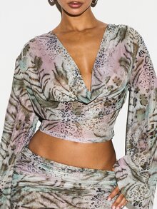 KIZN 混色动物纹印花高领泡泡袖衬衫，豹纹虎纹图案，适合秋冬季派对场合，露脐款式 - 彩色 - 查看 5