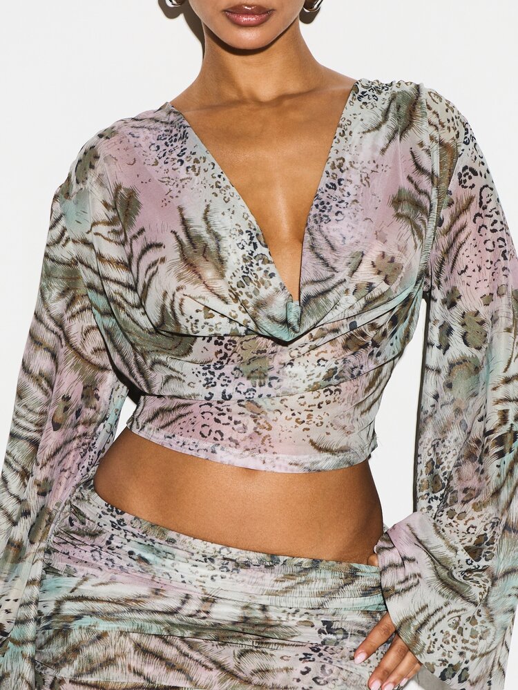 KIZN Gemischter Tierdruck Cowl Neck Ballon Ärmel Bluse mit Leopard Tiger Muster für Herbst Winter Party Anlässe Crop Top Stil