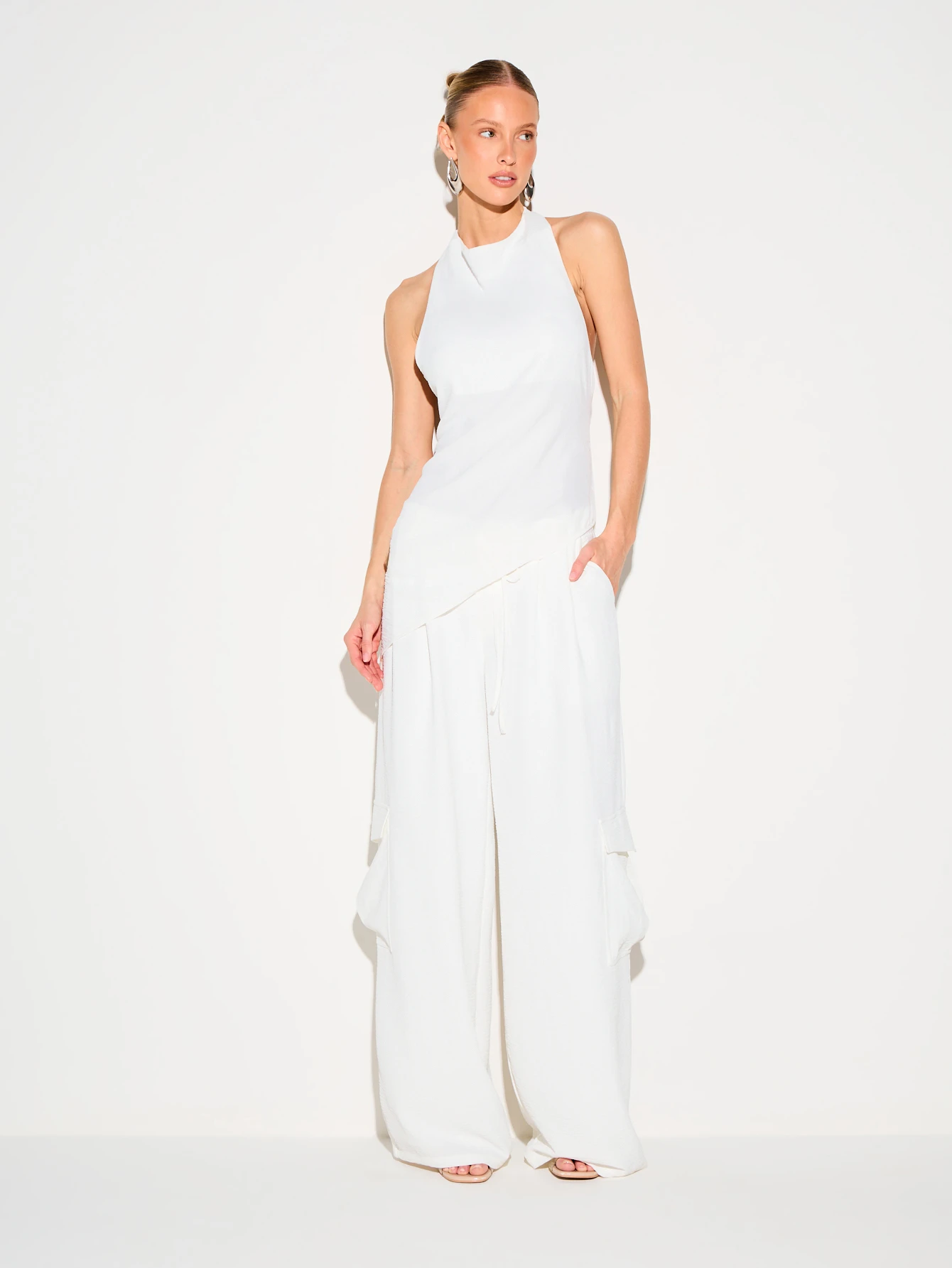 KIZN White Linen Feel Halter Neck Top With Tie Back