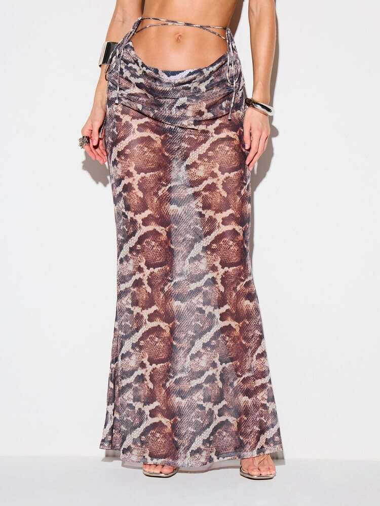 KIZN Snake Print Mesh Drape Maxi Skirt