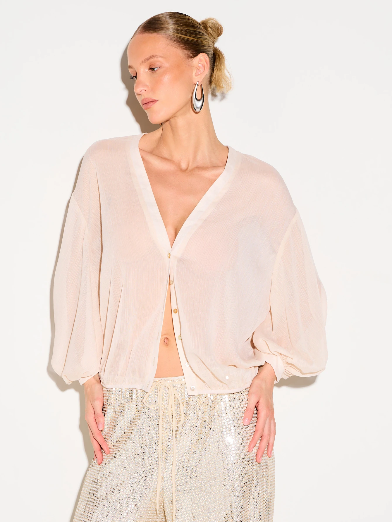KIZN Sheer Chiffon Blouse With Button Front