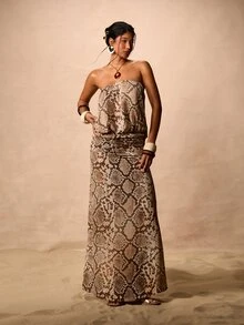 AiiRZ Python Print Strapless Bandeau Maxi Dress With Elastic Waist For Evening Party Occasions Bodycon Silhouette Animal Pattern Long Dress Wedding Guest - Multicolor - View 1