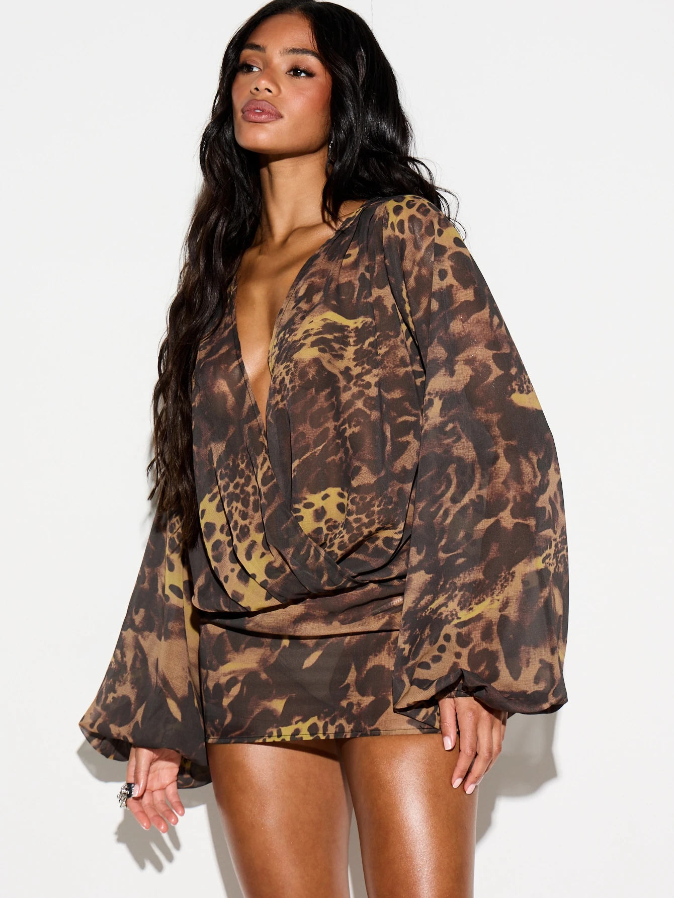 KIZN Mixed Animal Print Balloon Sleeve Mini Dress