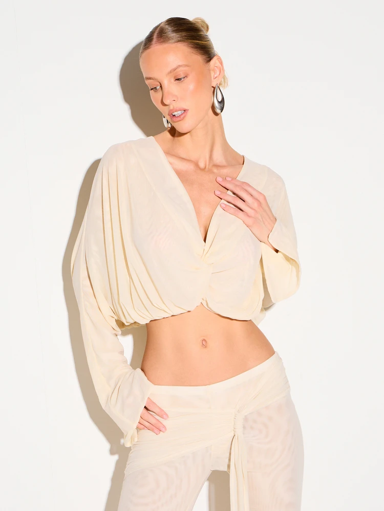 KIZN Elegant Cream Batwing Blouse With V-Neck Twisted Front Detail Long Sleeve Cropped Top For Spring Summer Occasions