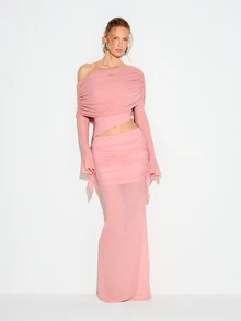 KIZN Women's Off Shoulder Ruched Pink Long Sleeve Top With Tied Sleeves And Cutout Waist Detail - Pink - View 3