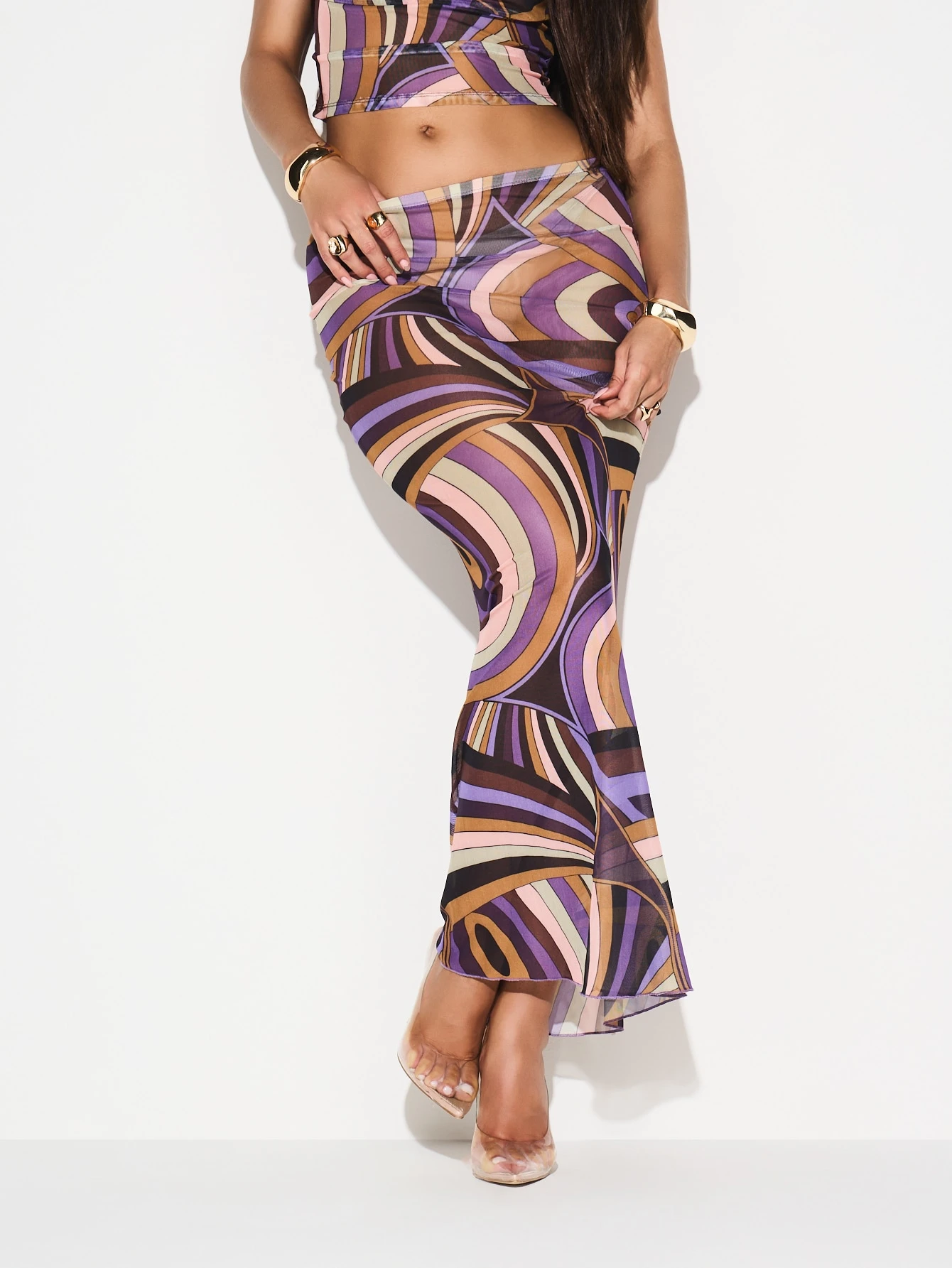 KIZN Swirl Print Mesh Maxi Skirt With Ruffle Hem