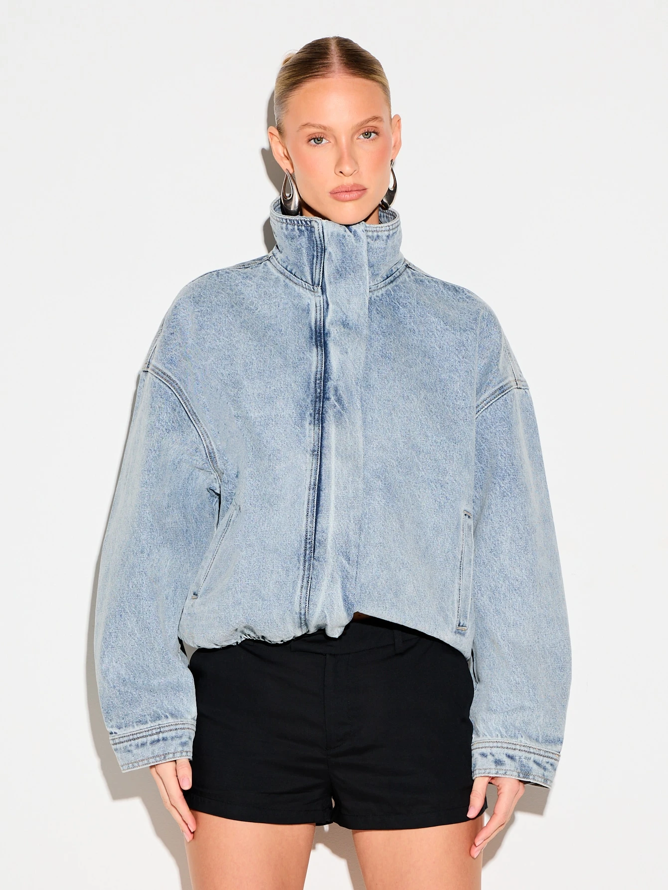KIZN Oversized Denim Jacket With Funnel Neck