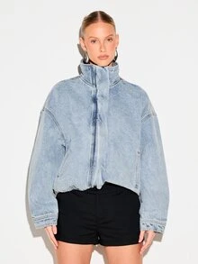 KIZN Chaqueta vaquera azul claro oversize con cuello de embudo y cierre de cremallera para otoño e invierno - Azul - Ver 1