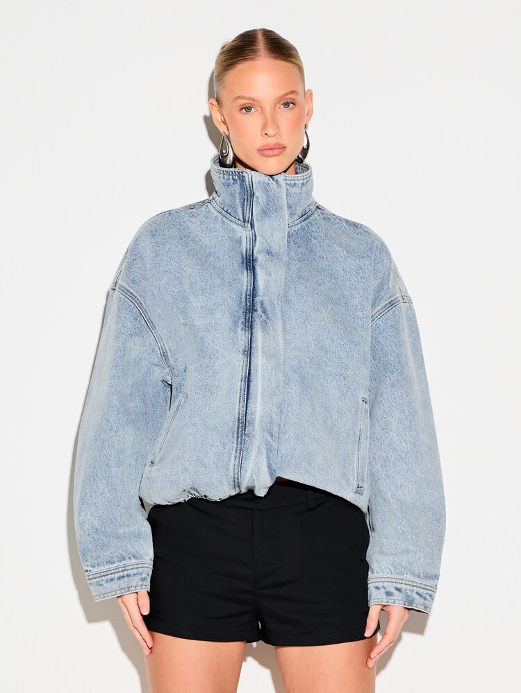 KIZN Women's Oversized Light Blue Denim Jacket With Funnel Neck Collar And Zip Closure Winter Fall Outerwear