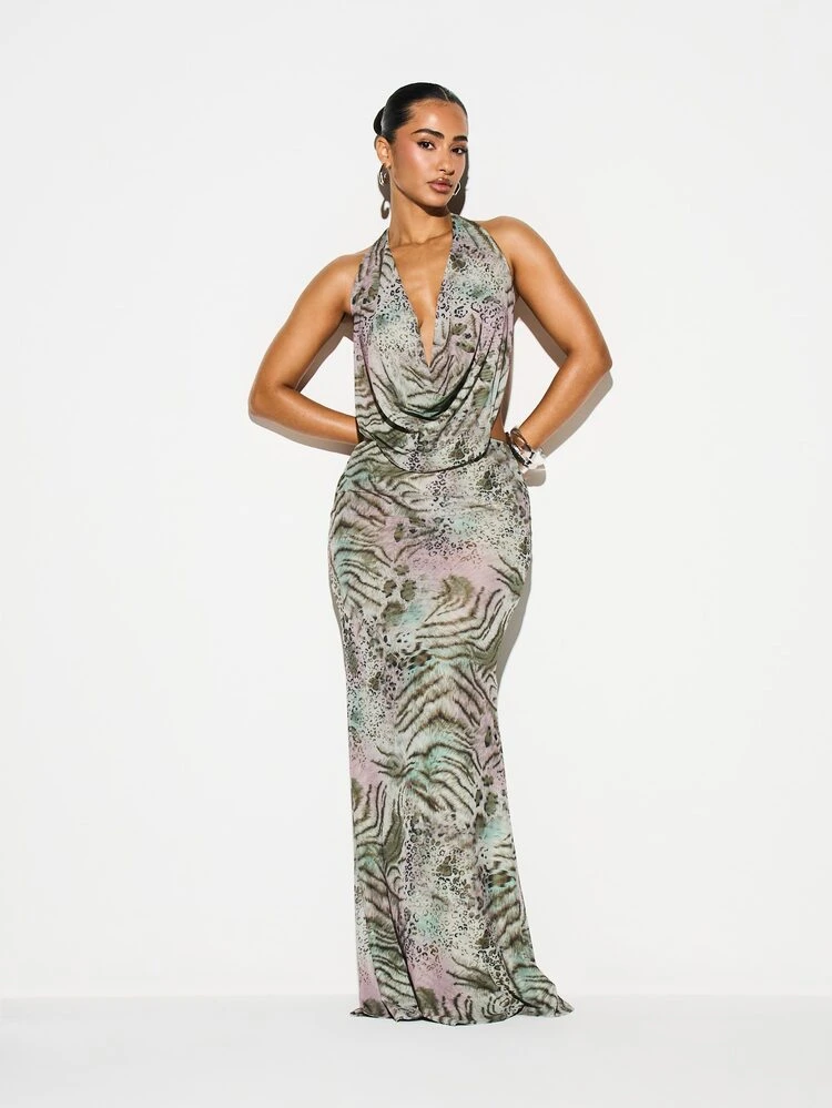 KIZN Women's Mixed Animal Print Cowl Neck Sleeveless Bodycon Maxi Dress With Halter Tie Back Detail For Party Evening Occasions