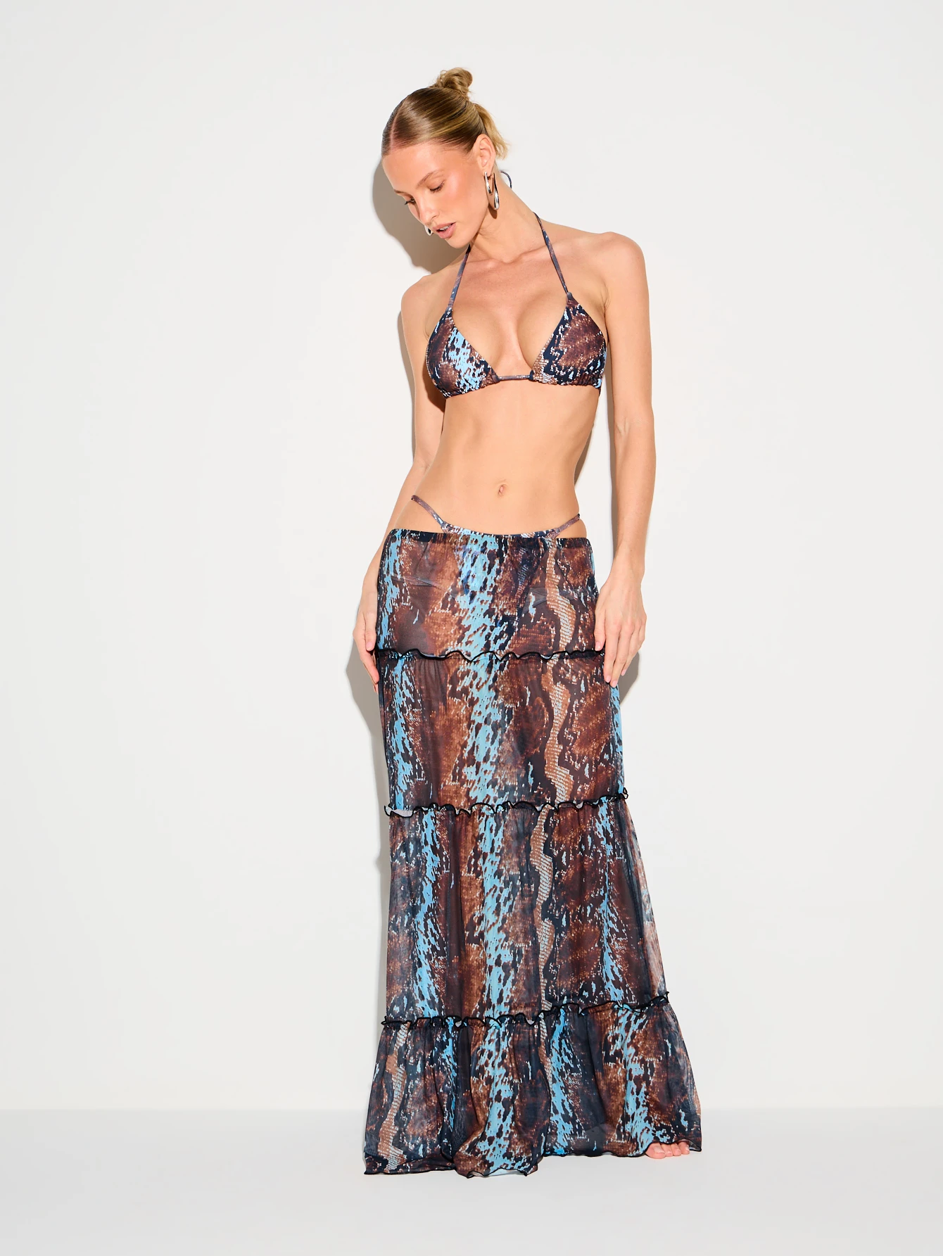 KIZN Snake Print Tiered Maxi Skirt With Ruffles