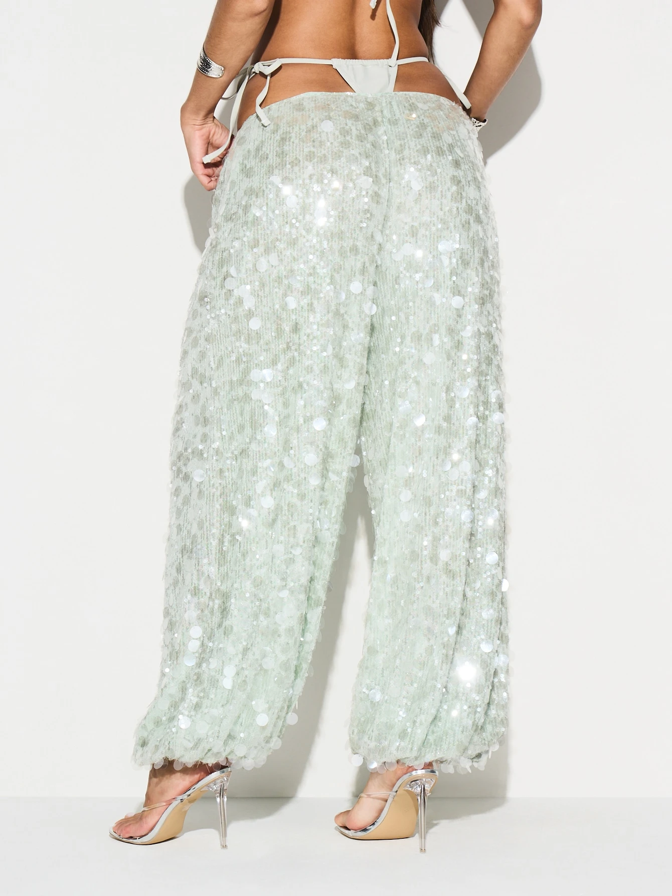 KIZN Pantalon palazzo large à paillettes transparentes