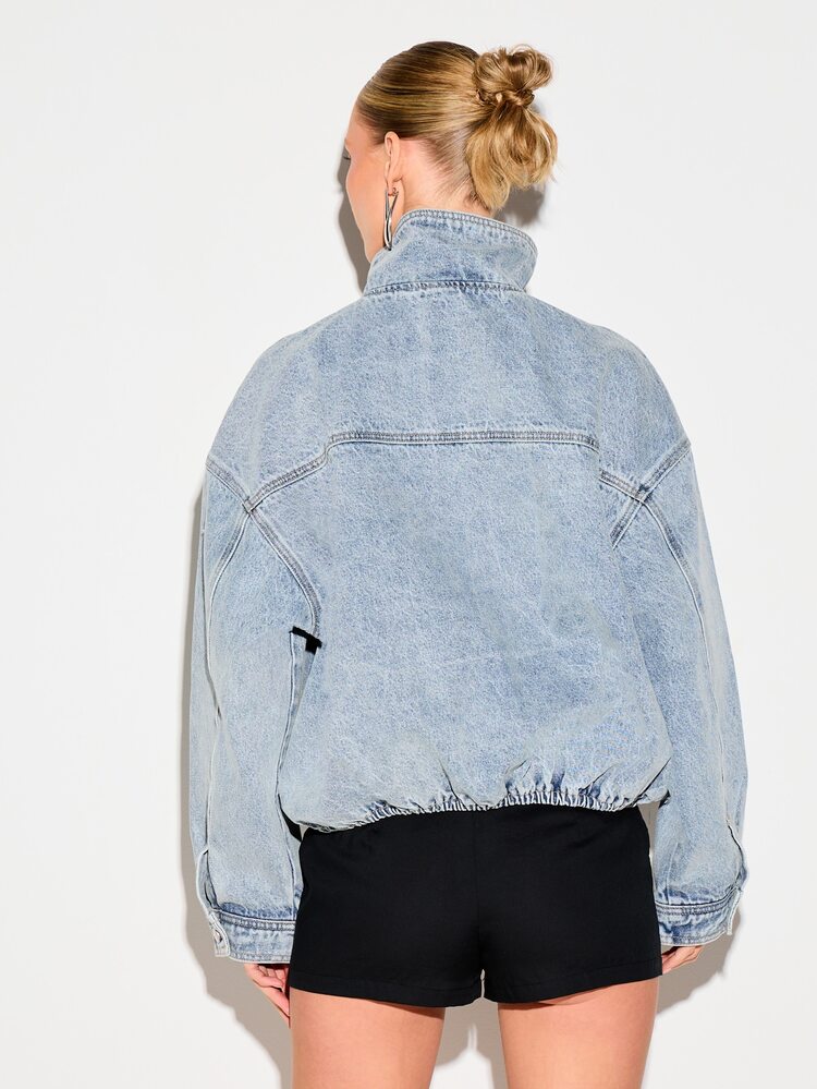 KIZN Women's Oversized Light Blue Denim Jacket With Funnel Neck Collar And Zip Closure Winter Fall Outerwear