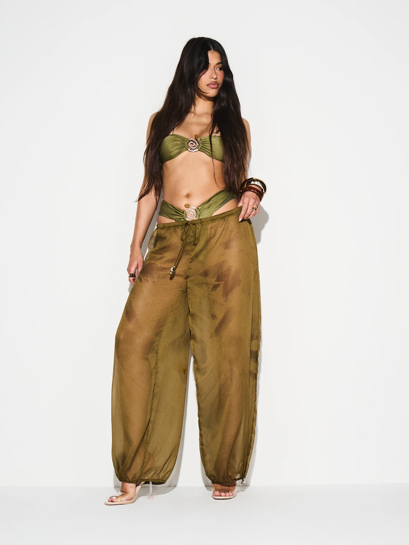 KIZN Pantaloni palazzo in chiffon con dettaglio in vita con perline