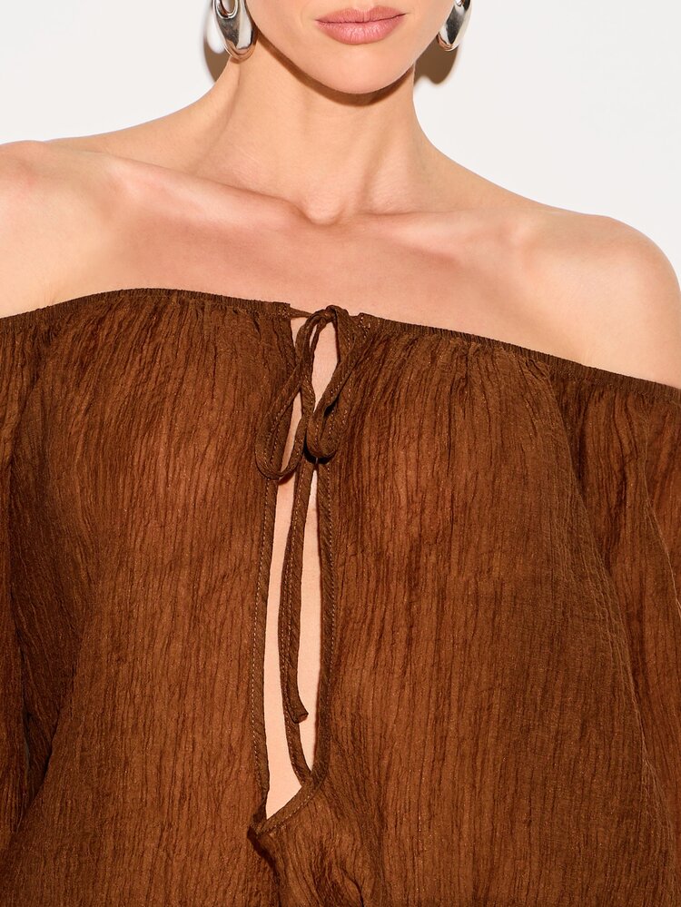 KIZN Women's Off Shoulder Sheer Brown Blouse With Long Bell Sleeves And Tie Detail Front Keyhole Opening For Fall Fashion