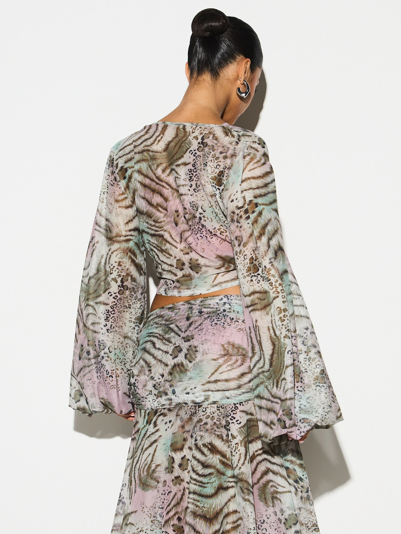 KIZN Mixed Animal Print Cowl Neck Balloon Sleeve Blouse