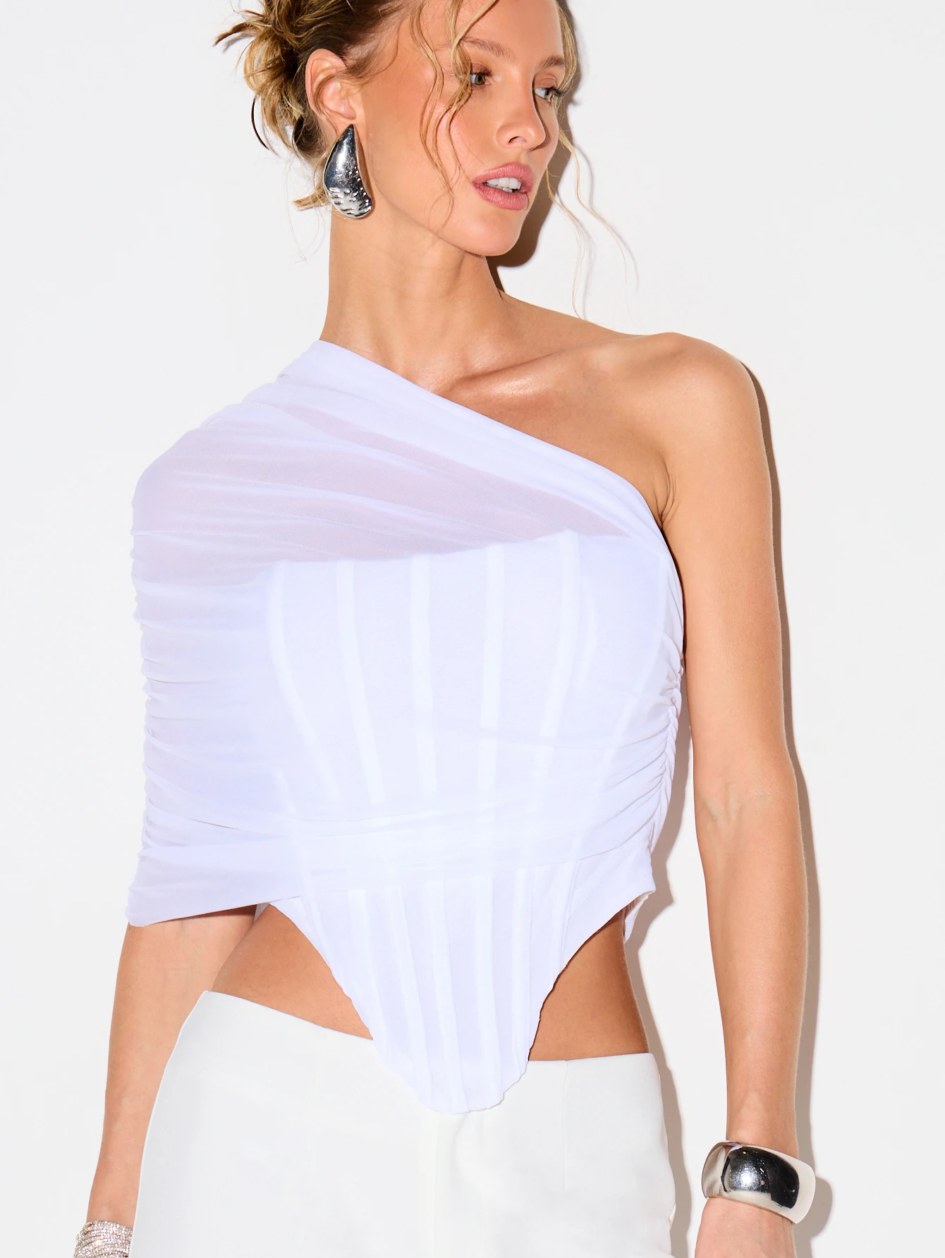KIZN Ruched One Shoulder Mesh Corset Top
