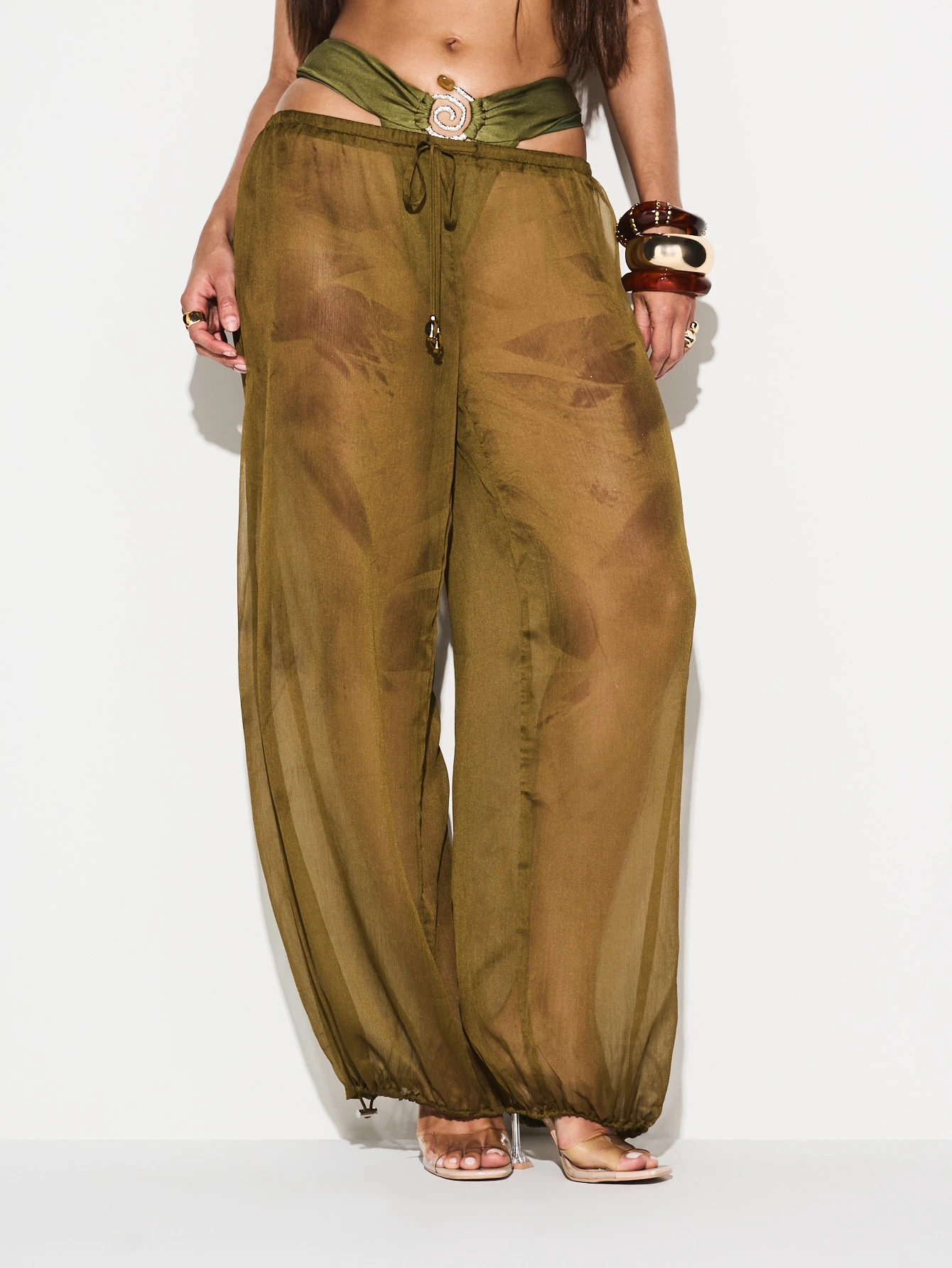 KIZN Pantaloni palazzo in chiffon con dettaglio in vita con perline