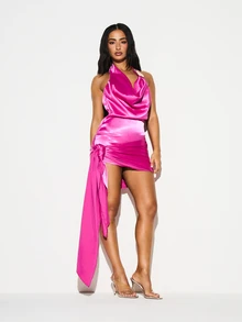 KIZN Satin Halter Neck Mini Dress With Ruched Side Tie Detail Cowl Neckline Party Evening Bodycon Sleeveless Hot Pink Fuchsia Spring Summer - Pink - View 1
