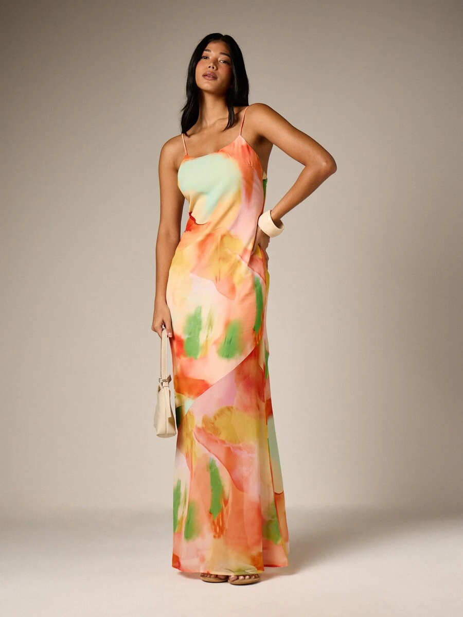 AiiRZ Chiffon Strappy Maxi Dress Abstract Watercolor Print Sleeveless  Summer Evening Party Vacation Beach Resort Formal Dressy Flowy Feminine  Elegant Wedding GuestMISSGUIDED