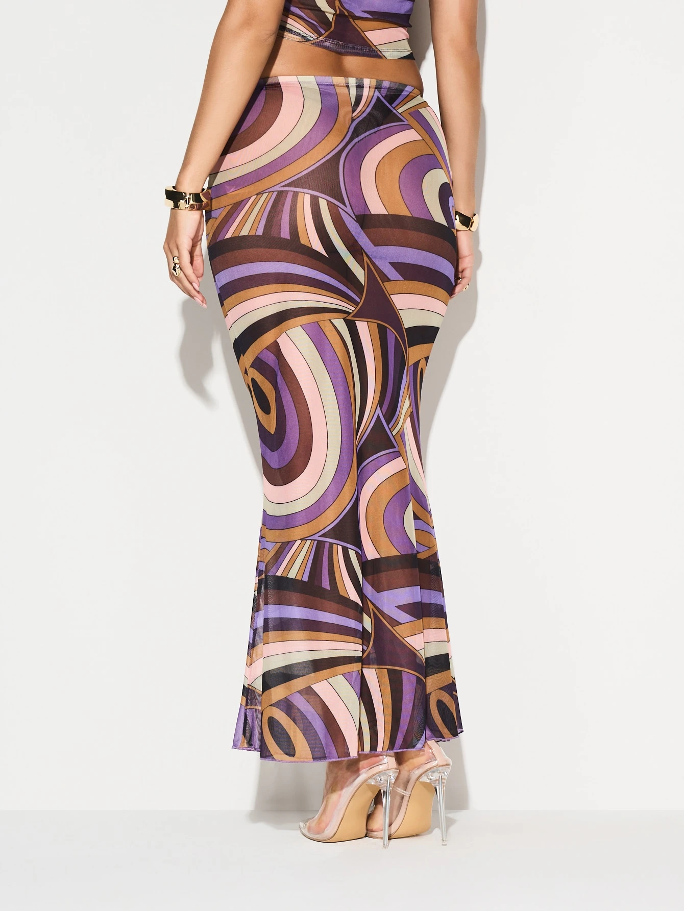 KIZN Swirl Print Mesh Maxi Skirt With Ruffle Hem