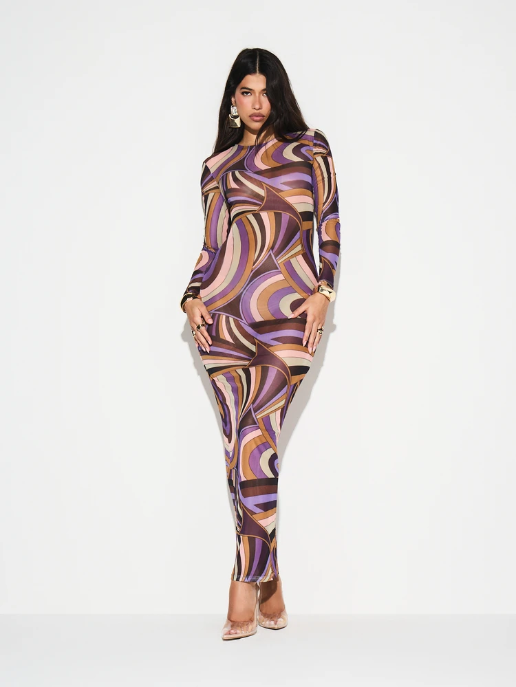 KIZN Vestido Longo Retrô com Estampa Espiral de Manga Longa e Modelagem Justa, com Detalhes em Tule, Gola Alta, Uso em Festas de Inverno e Outono