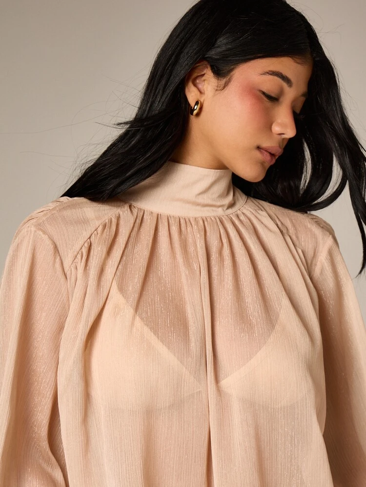 Chiffon Blouse With High Neck And Puff Sleeves