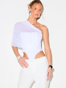 褶皱单肩网纱紧身胸衣上衣，不对称镂空设计，适合晚宴、约会之夜 - 白色 - 查看 4