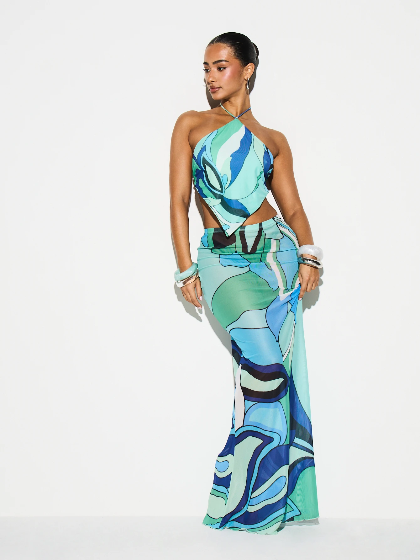 KIZN Printed Halter Neck Mesh Top With Tie Detail