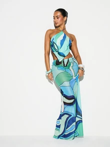KIZN Women's Printed Abstract Halter Neck Mesh Top Cover Up With Tie Detail Summer Beach Resort Vacation Swimwear Overlay Backless Style - Multicolor - View 3