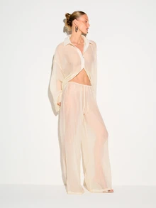 KIZN Camisa de mujer de manga larga y cuello con botones, de corte ancho y holgado, con textura arrugada y transparente, perfecta para capas casuales en primavera y verano - Amarillo claro - Ver 3
