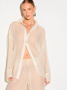 KIZN Camisa de mujer de manga larga y cuello con botones, de corte ancho y holgado, con textura arrugada y transparente, perfecta para capas casuales en primavera y verano - Amarillo claro - Ver 4