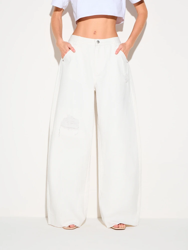 KIZN Women's High Rise Baggy Boyfriend Jeans White Relaxed Wide Leg Denim Pants Casual Streetwear