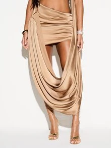 KIZN Satin One Shoulder Draped Cut Out Mini Dress Bodycon Party Evening Cocktail Formal Asymmetric Ruched - Apricot - View 4