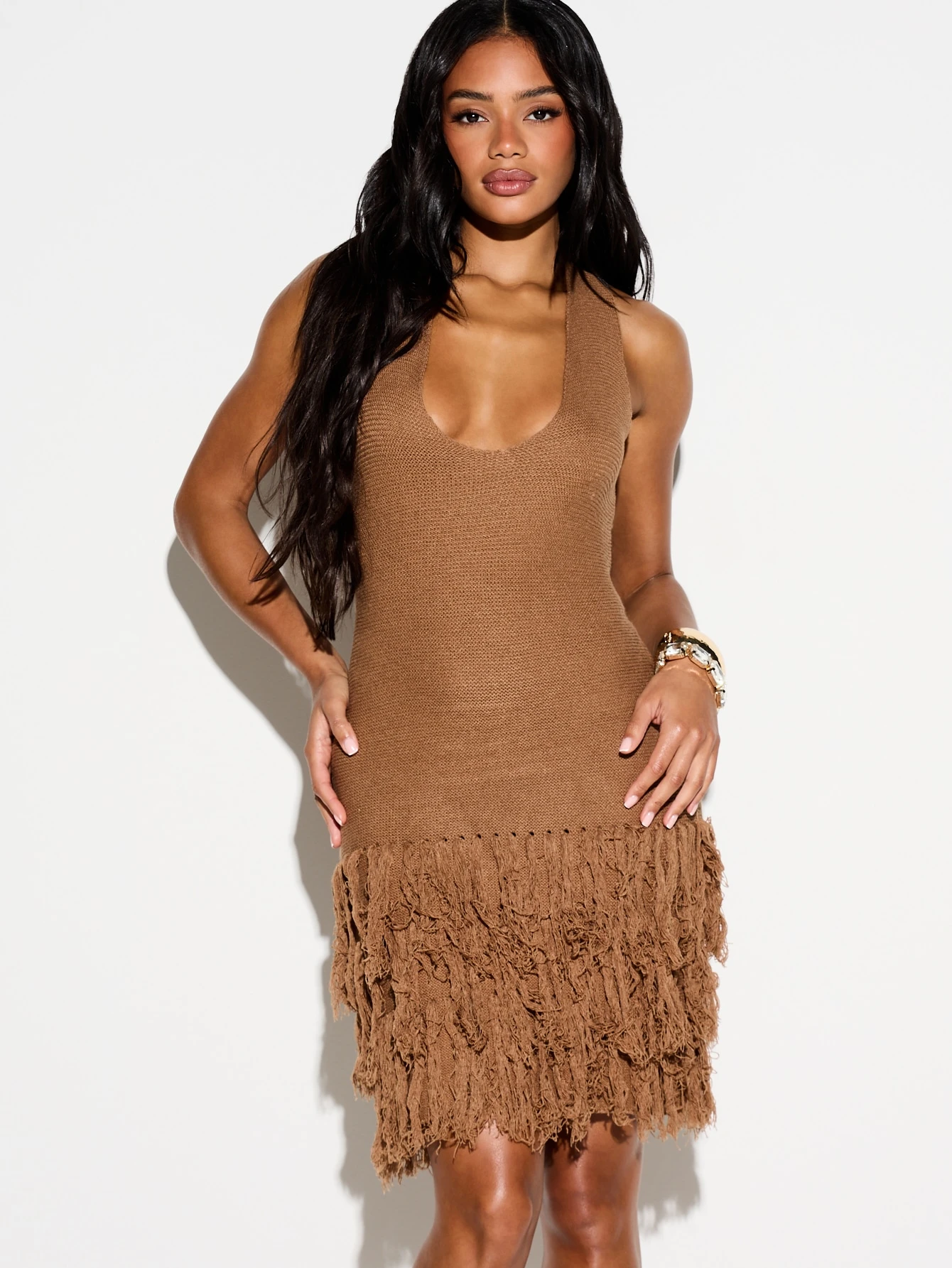 KIZN Sleeveless Knitted Fringe Detail Mini Dress