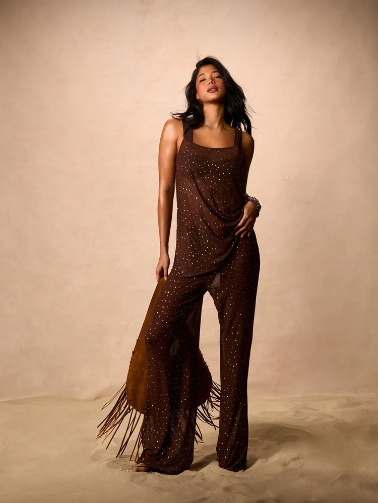 Sheer Polka Dot Palazzo Pants With Fringe