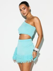 KIZN Turquoise Ribbed Knit Low Rise Mini Skirt With Fringe Hem Detail Bodycon Fit Winter Fall Party Club Casual - Teal Blue - View 4