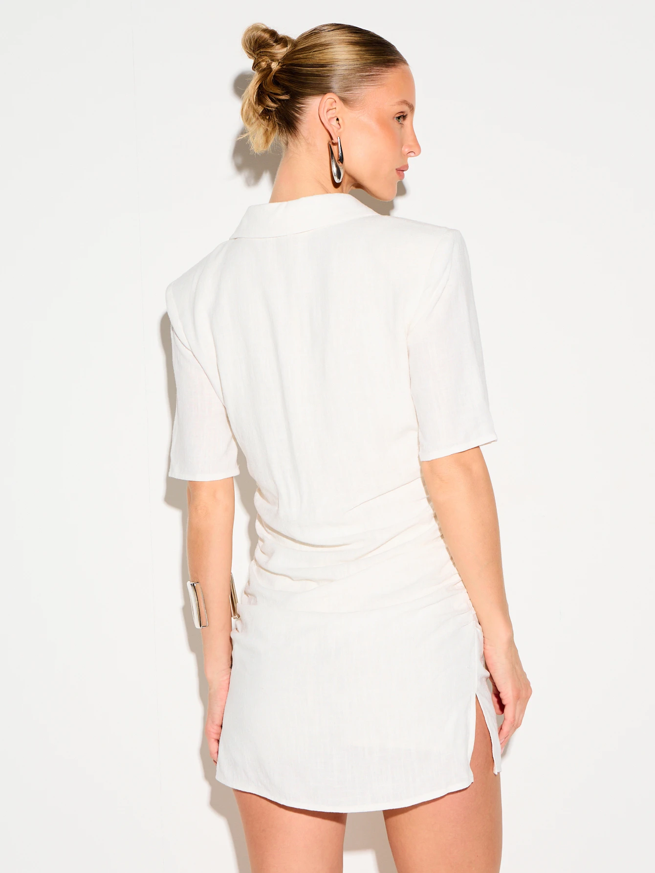 KIZN White Linen Wrap Mini Dress With Shoulder Pads