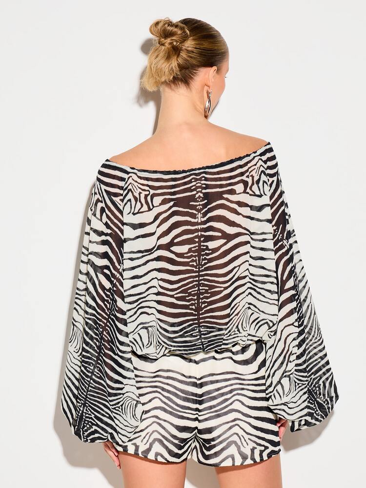 KIZN Women's Zebra Print Off Shoulder Blouse With Balloon Sleeves And Keyhole Neckline Detail For Fall Winter