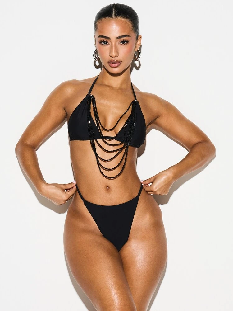 KIZN Beaded Detail Halter Triangle Bikini Set With Layered Chain Draping Summer Beach Resort Swimwear Two Piece