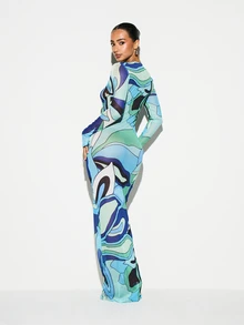 KIZN 女士长袖抽象印花修身及地长裙，适合晚宴、正式场合穿着，弹力贴身设计。 - 彩色 - 查看 2