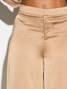 KIZN Quần Palazzo ống rộng cạp cao bằng satin dành cho nữ, thích hợp cho công sở, sang trọng, mềm mại, thanh lịch, chuyên nghiệp, mùa thu đông và các bữa tiệc. - Màu be - Xem 5