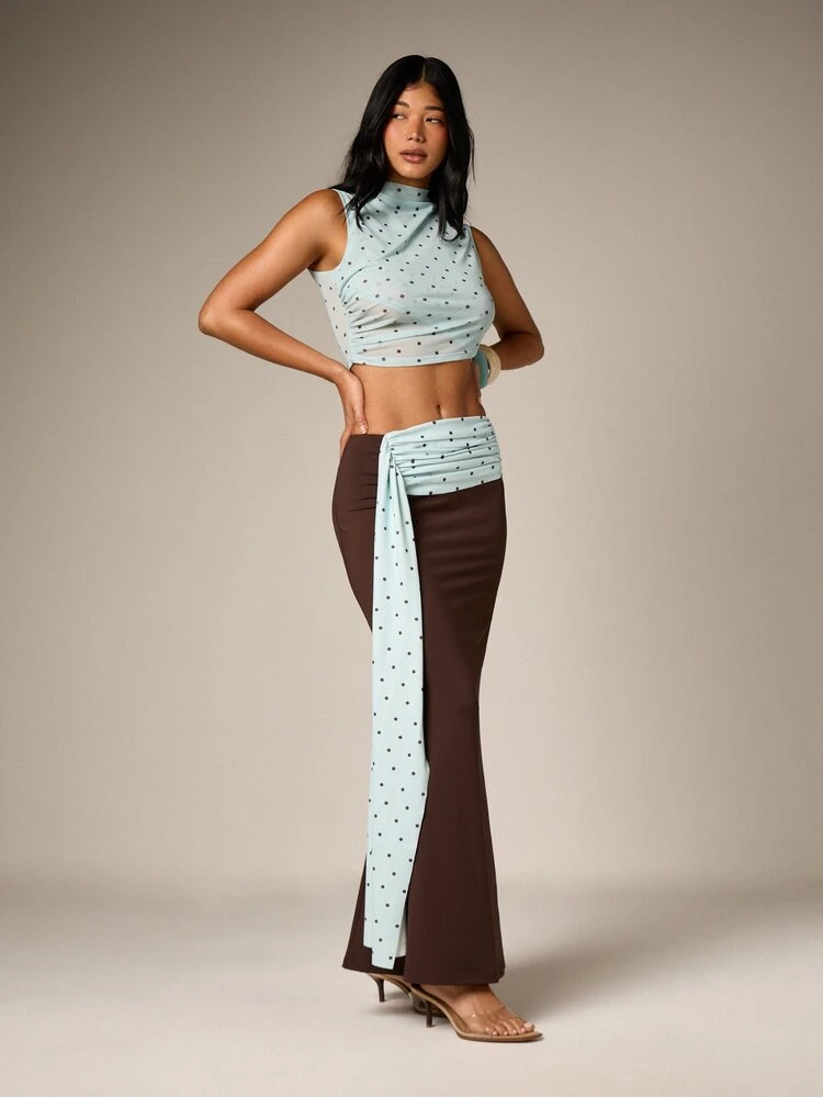 Polka Dot Contrast Panel Maxi Skirt With Tie