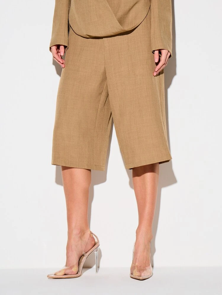 KIZN Women's Tailored Longline High Waist Wide Leg Professional Bermuda Dress Shorts With Side Pockets