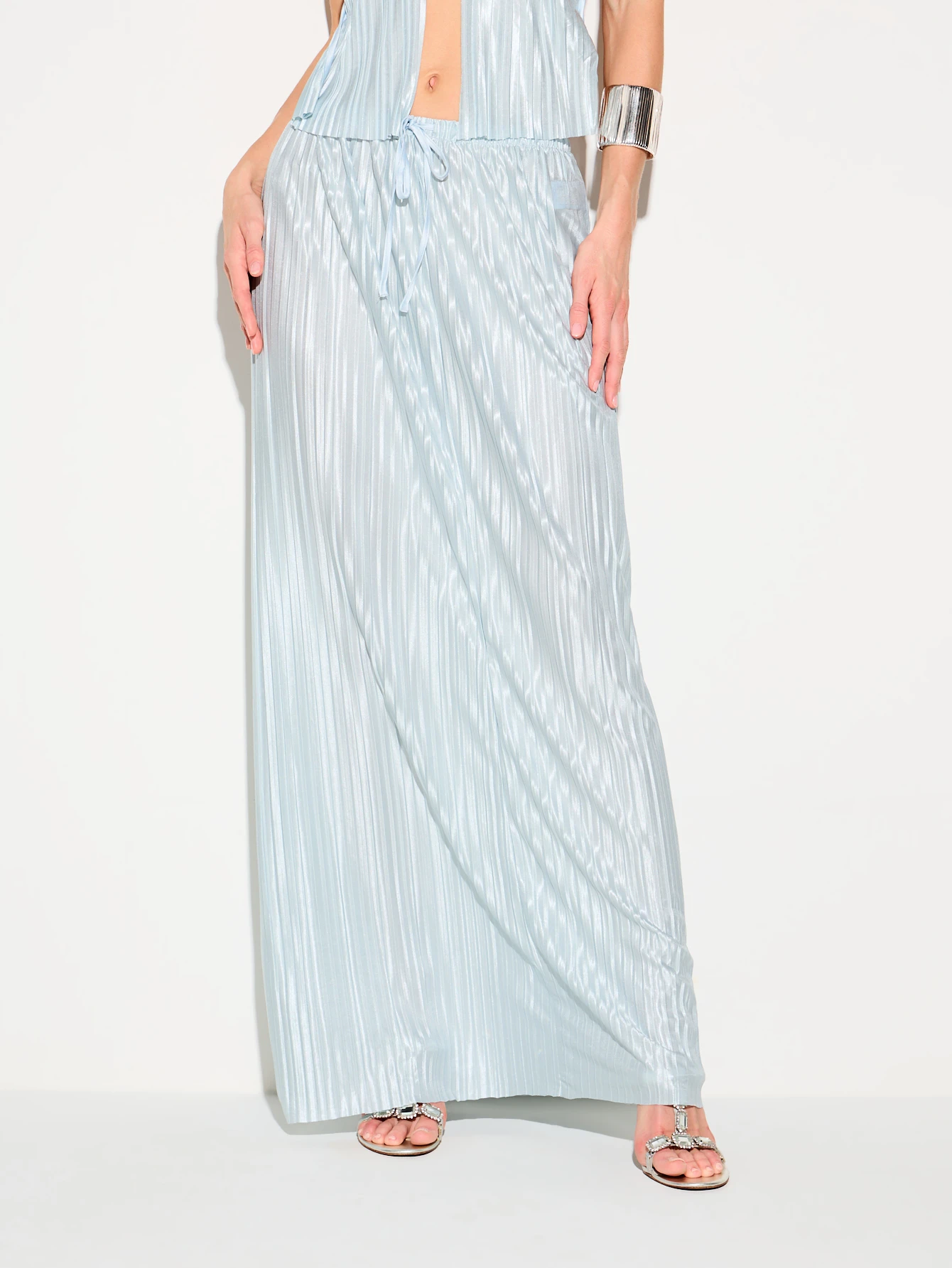 KIZN Light Blue Pleated Maxi Skirt With Drawstring