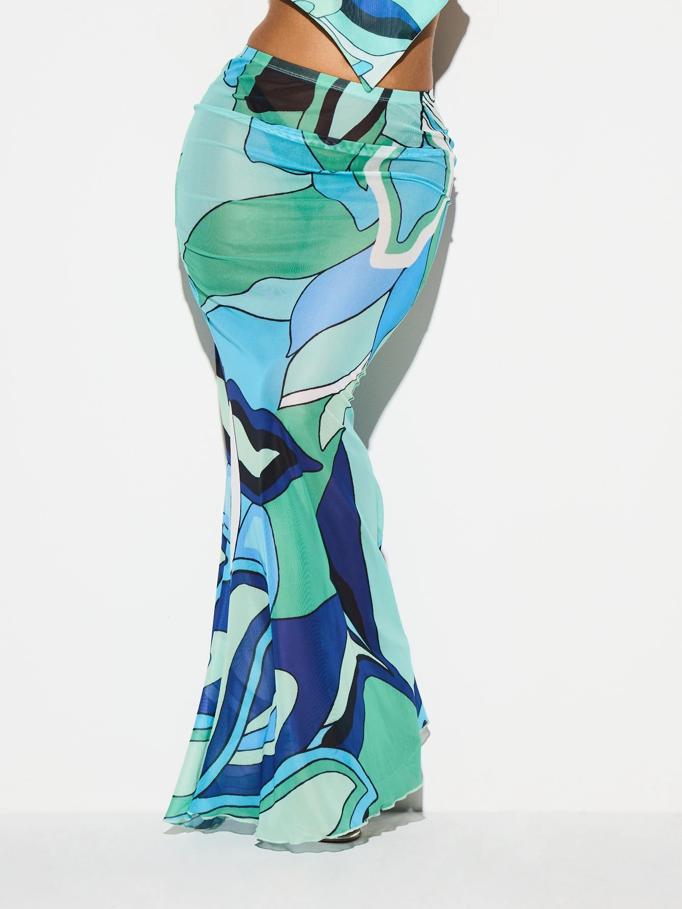 KIZN Gonna lunga in rete con stampa astratta e orlo arricciato