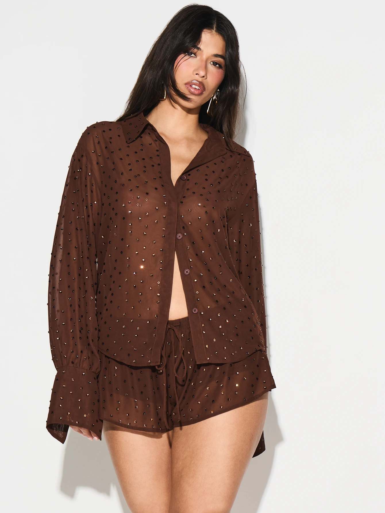 KIZN Sequin Embellished Brown Oversized Button Shirt